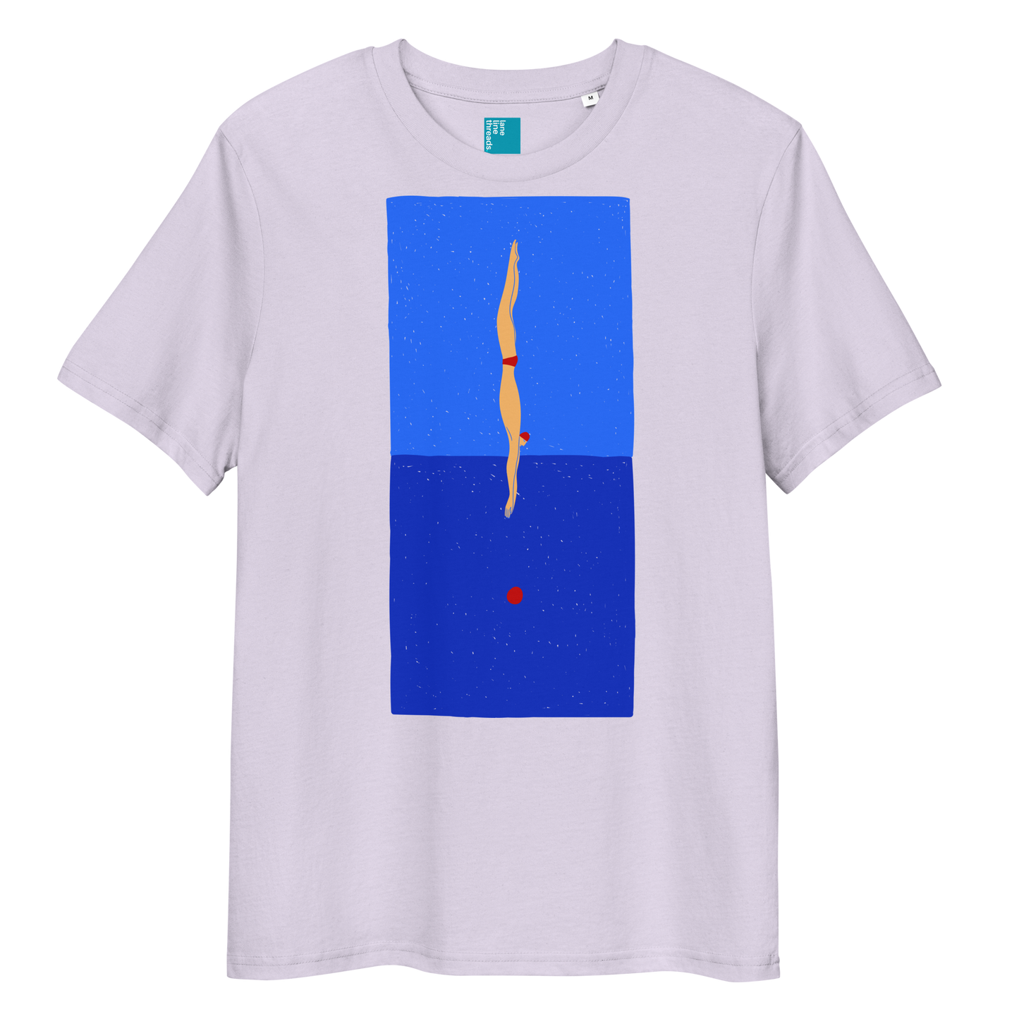 Lavender organic swim shirt featuring a stylized illustration of a swimmer in a red swimsuit performing a perfect dive into dark blue water, with a red dot representing the splash.