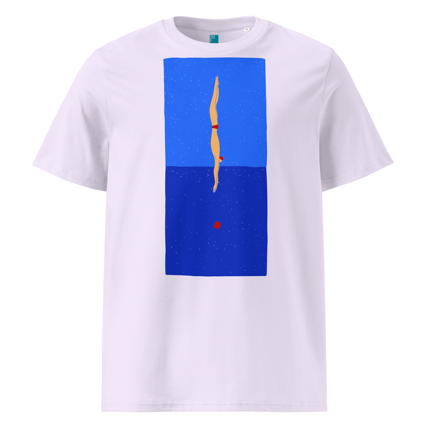 Lavender organic swim shirt with minimalist diver graphic over blue color‑block design, made from 100% biodegradable cotton for eco‑conscious swimmers.