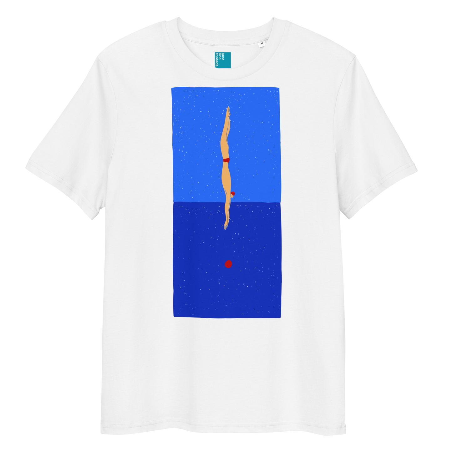 A white organic swim shirt featuring a stylized illustration of a swimmer in a red swimsuit performing a perfect dive into dark blue water, with a red dot representing the splash.
