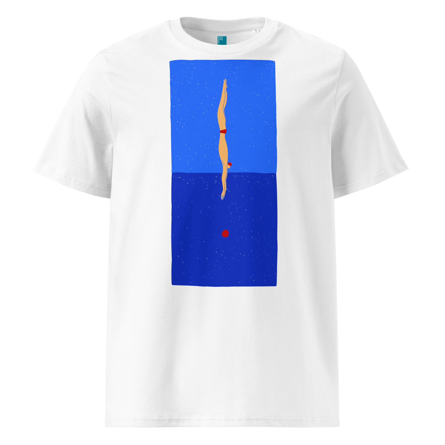 White organic swim shirt with minimalist diver graphic over blue color‑block design, made from 100% biodegradable cotton for eco‑conscious swimmers.
