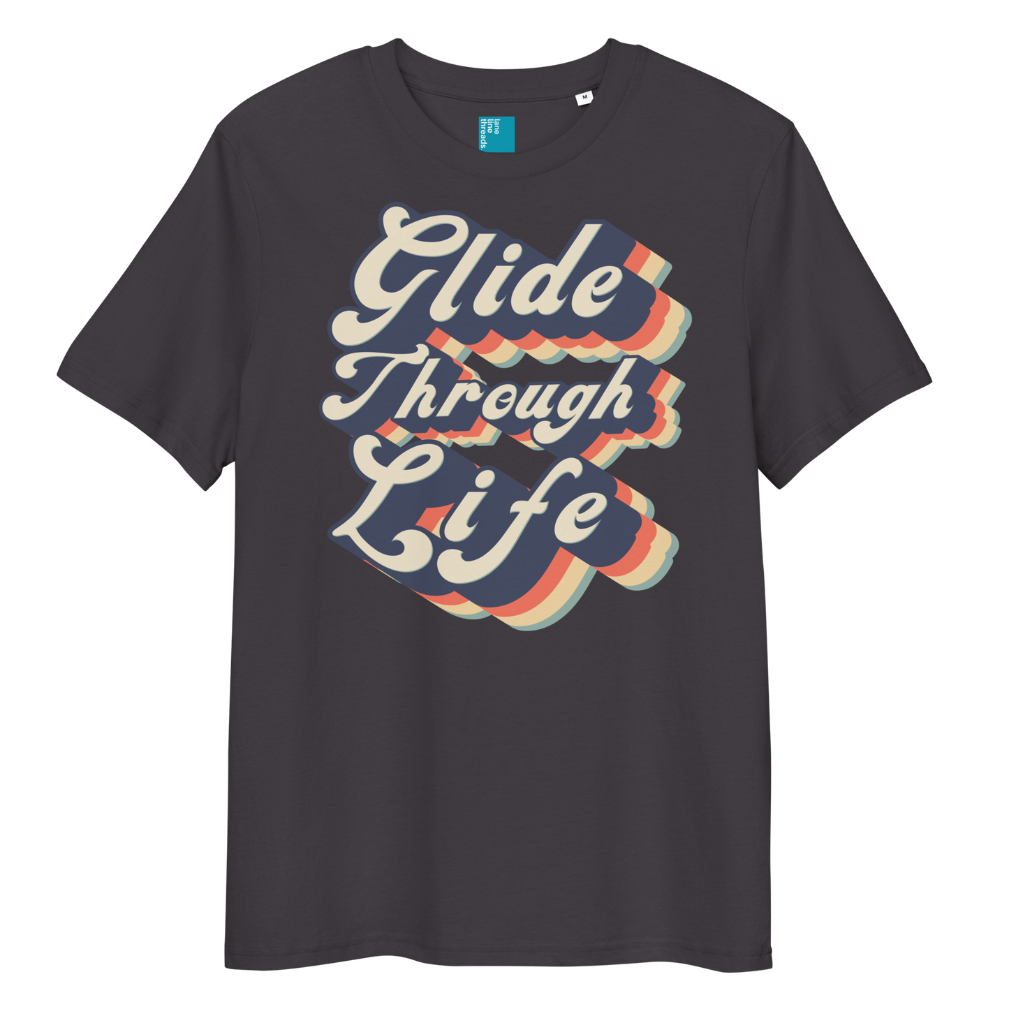 Anthracite organic cotton swim shirt with retro “Glide Through Life” text design, eco-friendly biodegradable t-shirt for swimmers