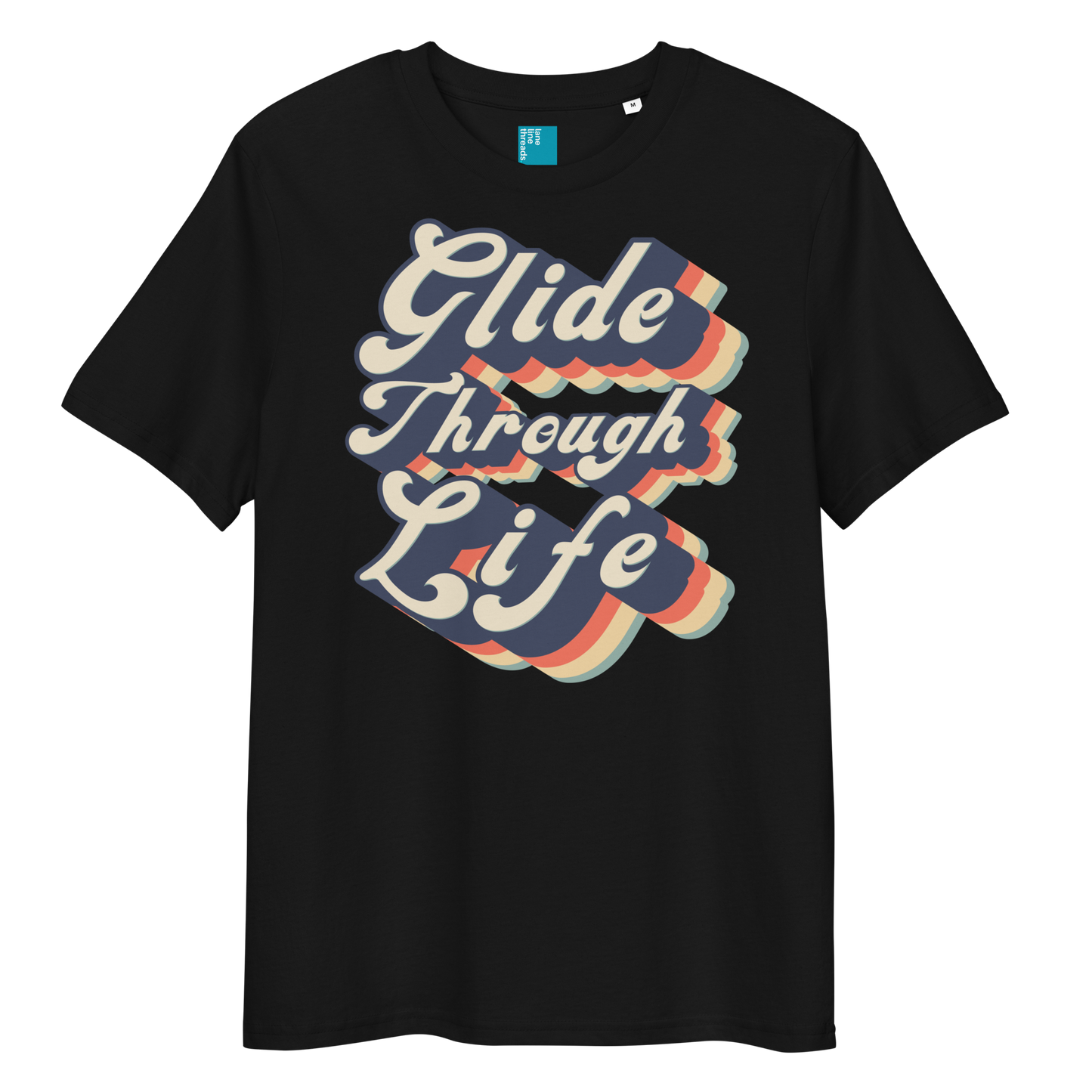 Black organic cotton swim shirt with retro “Glide Through Life” text design, eco-friendly biodegradable t-shirt for swimmers