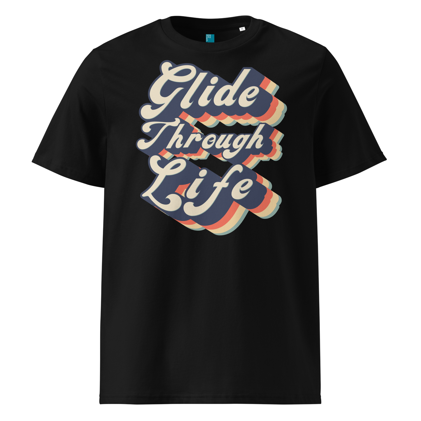 Black organic swim shirt with retro “Glide Through Life” text in bold navy, red, orange, and teal, made from 100% biodegradable organic cotton by Lane Line Threads.