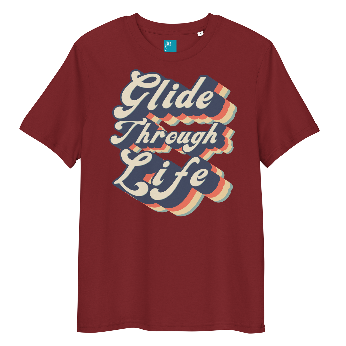 Burgundy organic cotton swim shirt with retro “Glide Through Life” text design, eco-friendly biodegradable t-shirt for swimmers