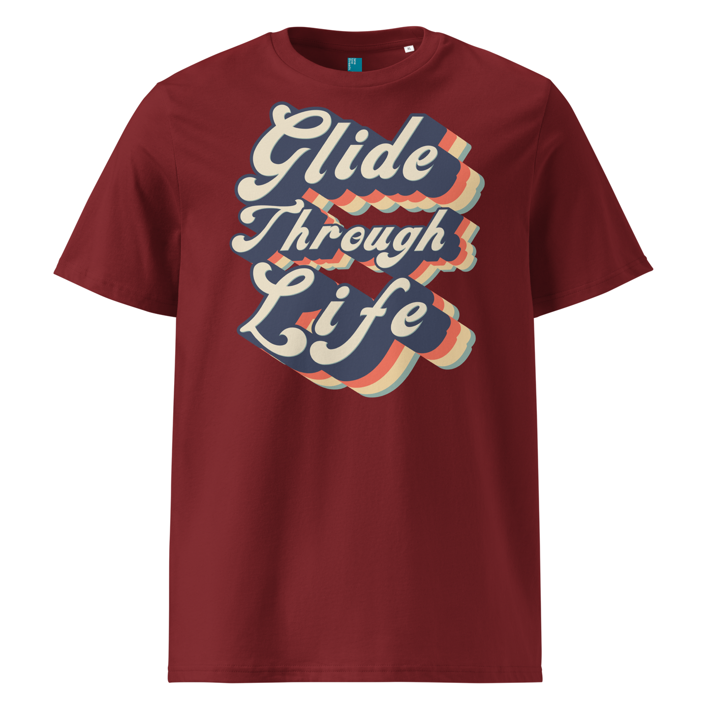 Burgundy organic swim shirt with retro “Glide Through Life” text in bold navy, red, orange, and teal, made from 100% biodegradable organic cotton by Lane Line Threads.