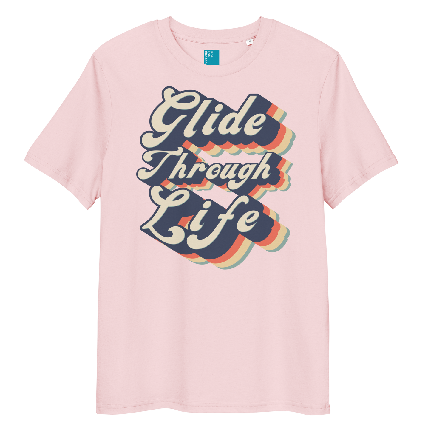 Pink organic swim shirt with retro “Glide Through Life” text design, eco-friendly biodegradable t-shirt for swimmers