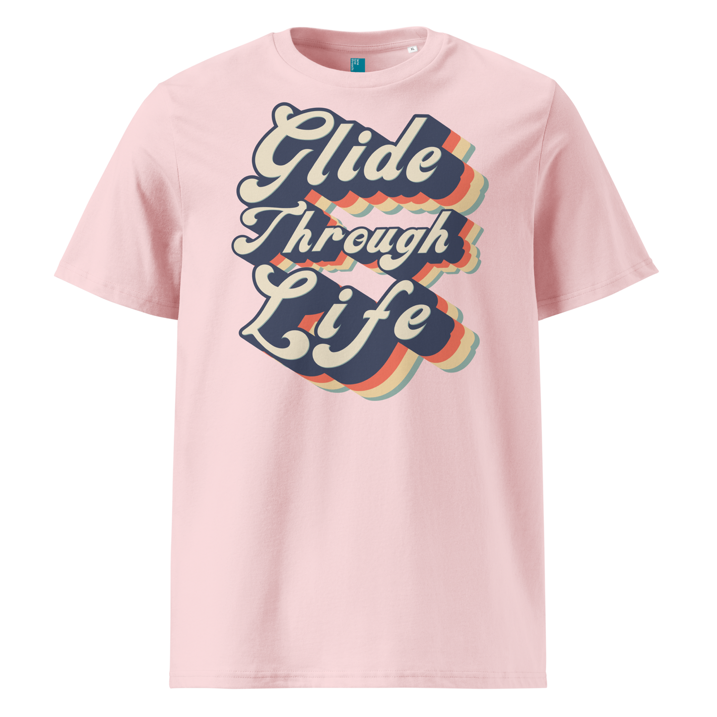 Pink organic swim shirt with retro “Glide Through Life” text in bold navy, red, orange, and teal, made from 100% biodegradable organic cotton by Lane Line Threads.