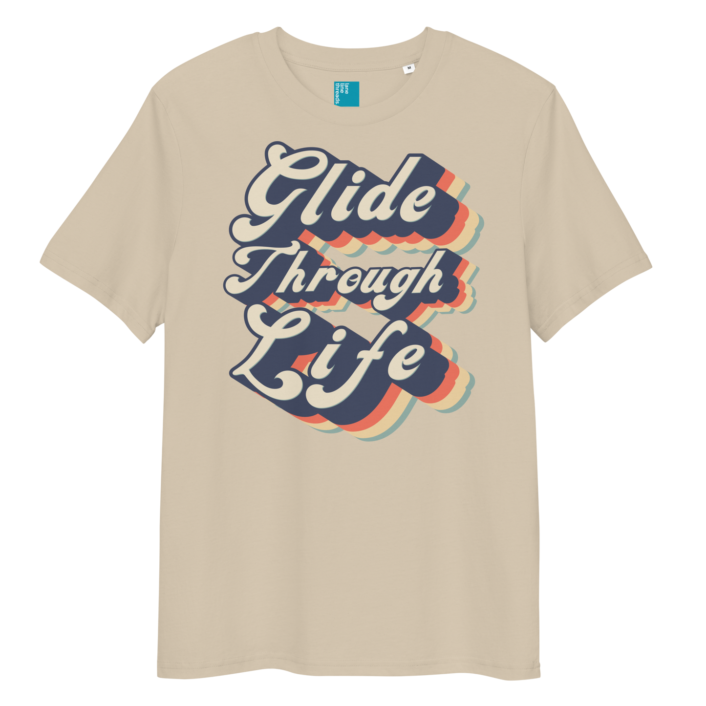 Beige organic swim shirt with retro “Glide Through Life” text design, eco-friendly biodegradable t-shirt for swimmers
