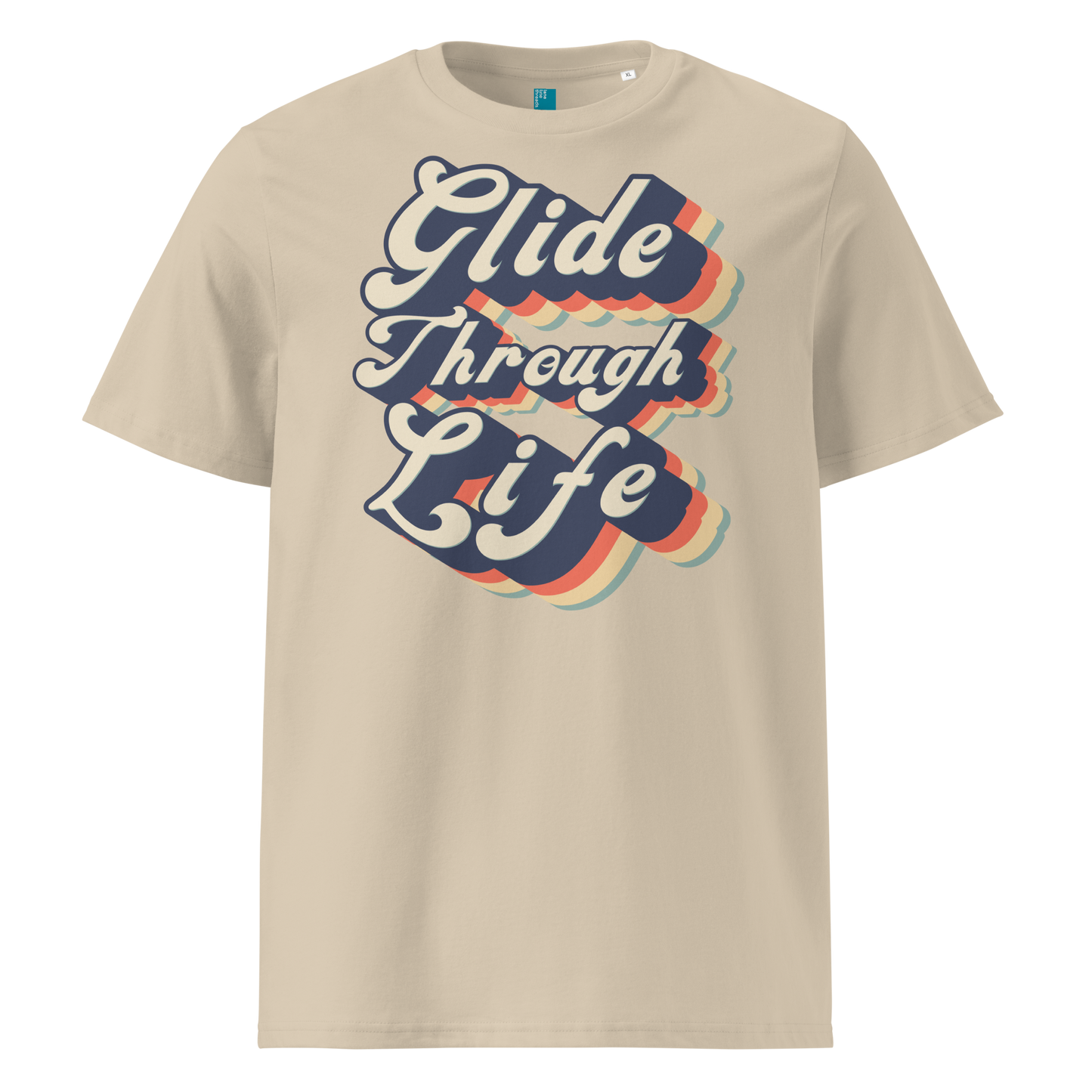 Beige organic swim shirt with retro “Glide Through Life” text in bold navy, red, orange, and teal, made from 100% biodegradable organic cotton by Lane Line Threads.