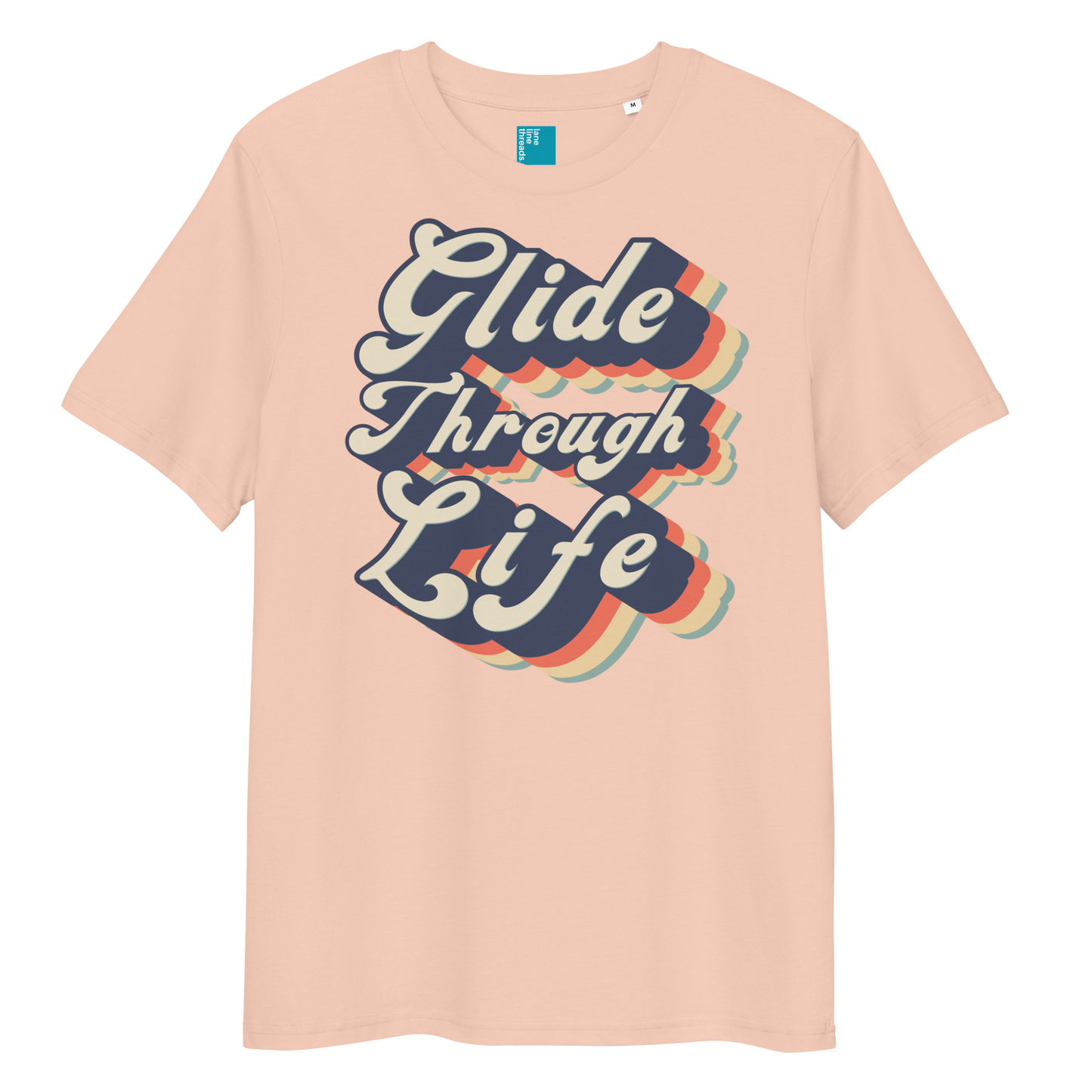 Peach organic swim shirt with retro “Glide Through Life” text design, eco-friendly biodegradable t-shirt for swimmers