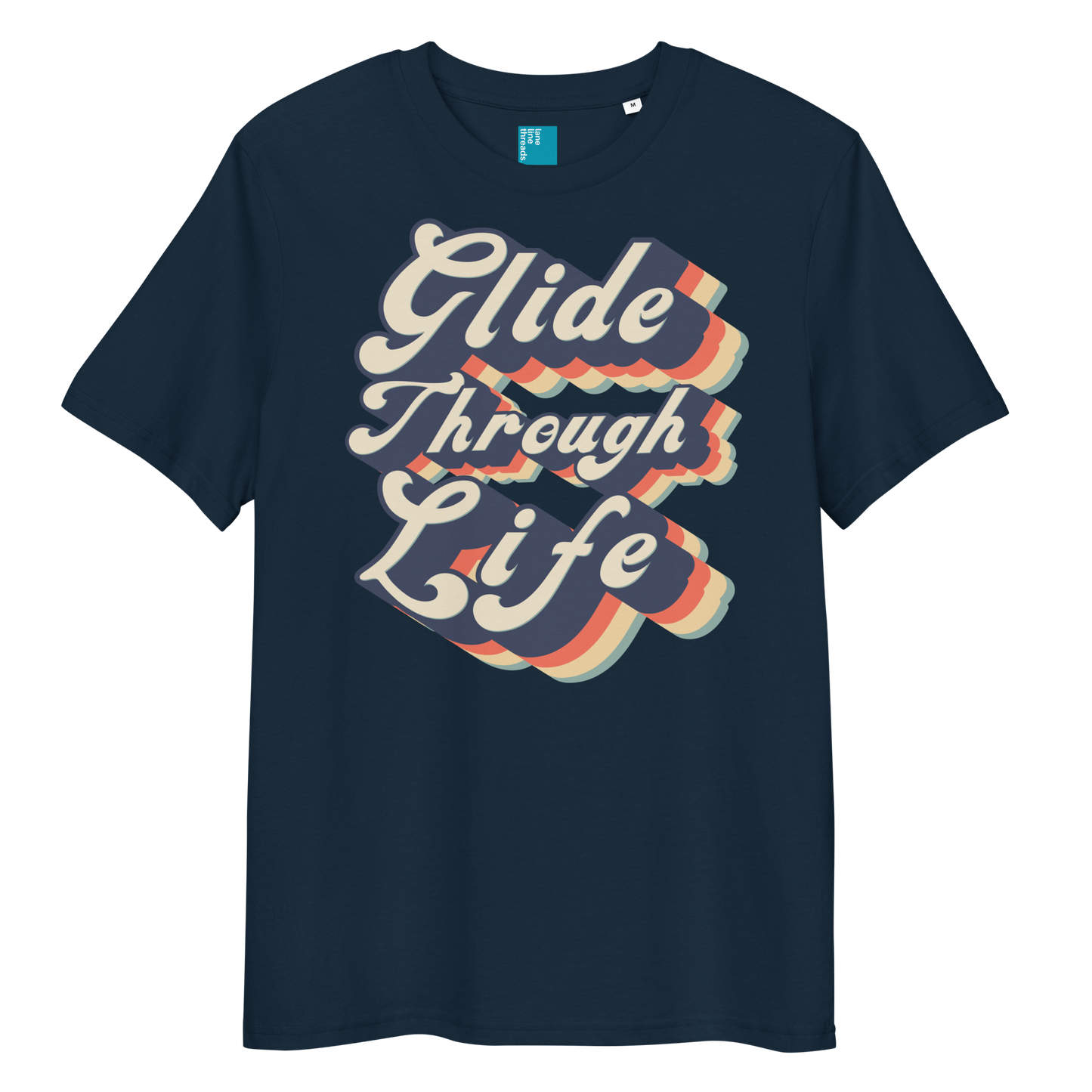 Navy organic cotton swim shirt with retro “Glide Through Life” text design, eco-friendly biodegradable t-shirt for swimmers