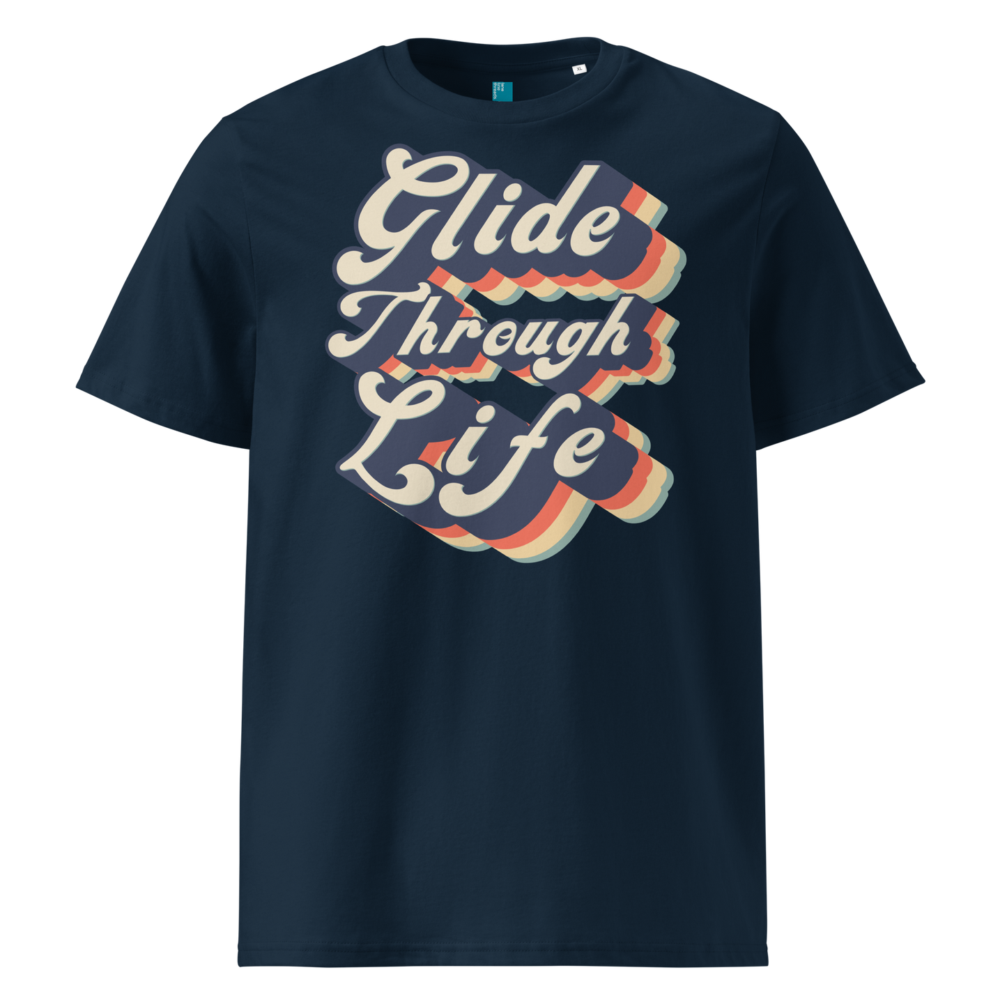 Navy organic swim shirt with retro “Glide Through Life” text in bold navy, red, orange, and teal, made from 100% biodegradable organic cotton by Lane Line Threads.