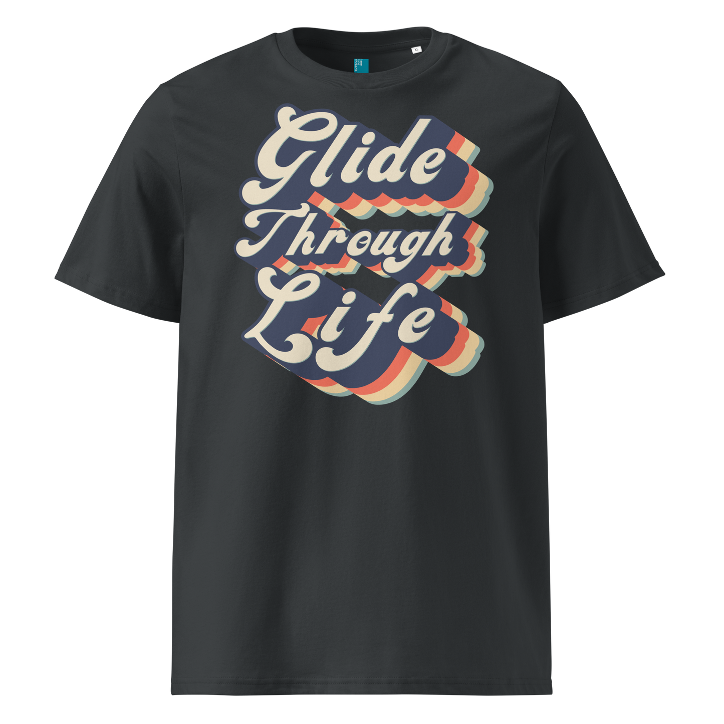 Grey organic swim shirt with retro “Glide Through Life” text in bold navy, red, orange, and teal, made from 100% biodegradable organic cotton by Lane Line Threads.