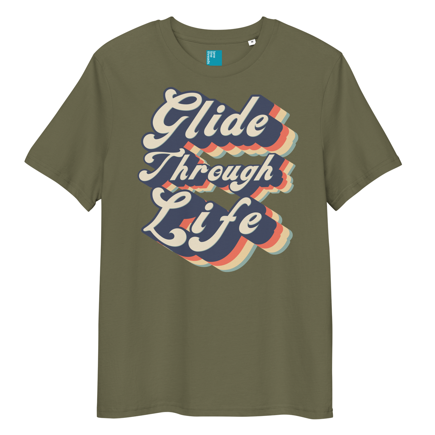 Khaki organic swim shirt with retro “Glide Through Life” text design, eco-friendly biodegradable t-shirt for swimmers