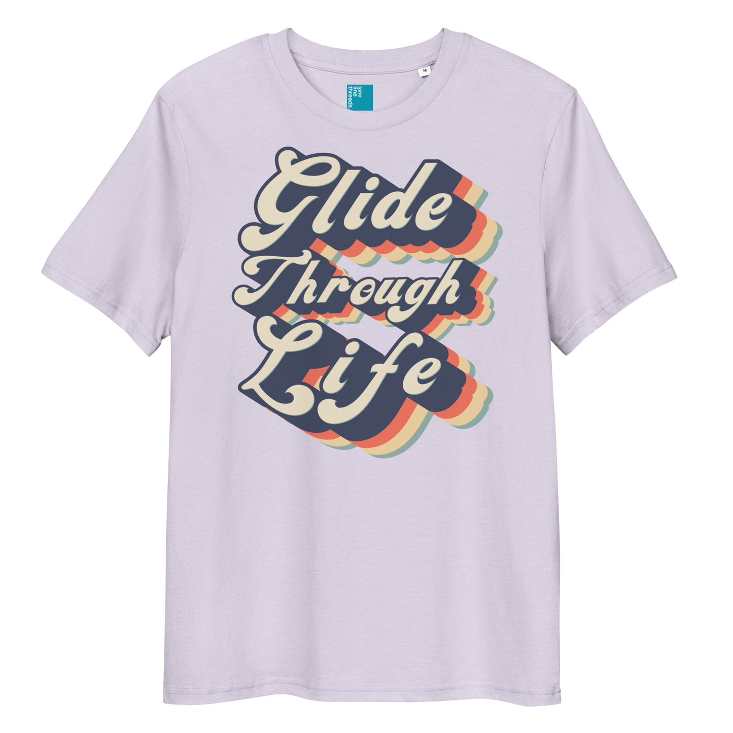 Lavender organic swim shirt with retro “Glide Through Life” text design, eco-friendly biodegradable t-shirt for swimmers