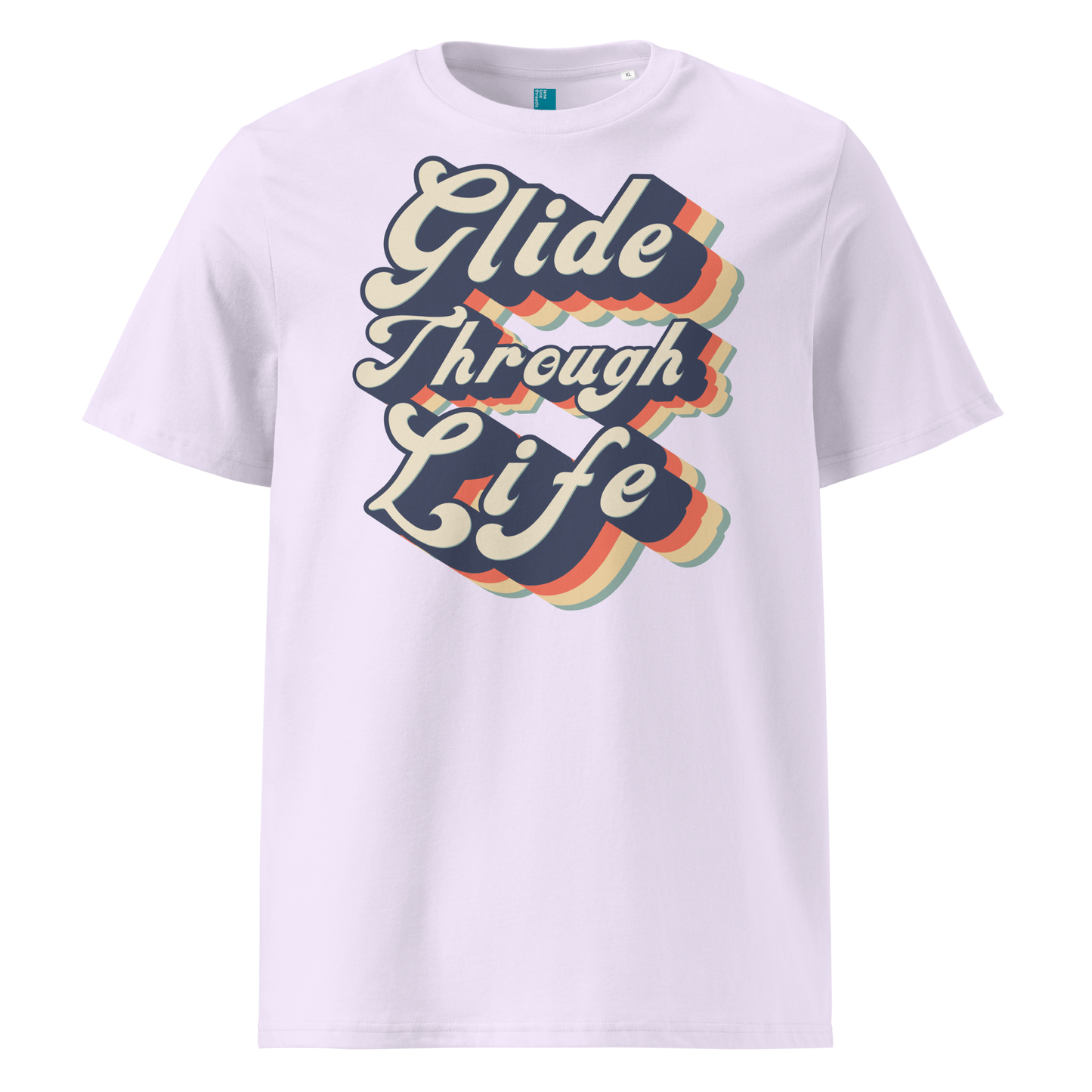 Lavender organic swim shirt with retro “Glide Through Life” text in bold navy, red, orange, and teal, made from 100% biodegradable organic cotton by Lane Line Threads.