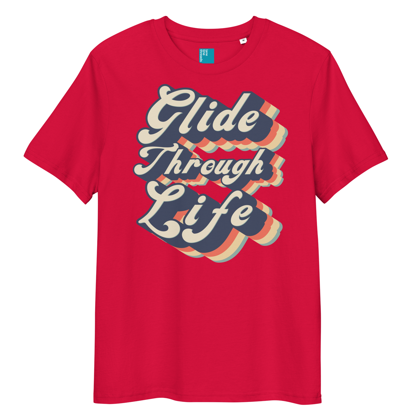 Red organic cotton swim shirt with retro “Glide Through Life” text design, eco-friendly biodegradable t-shirt for swimmers