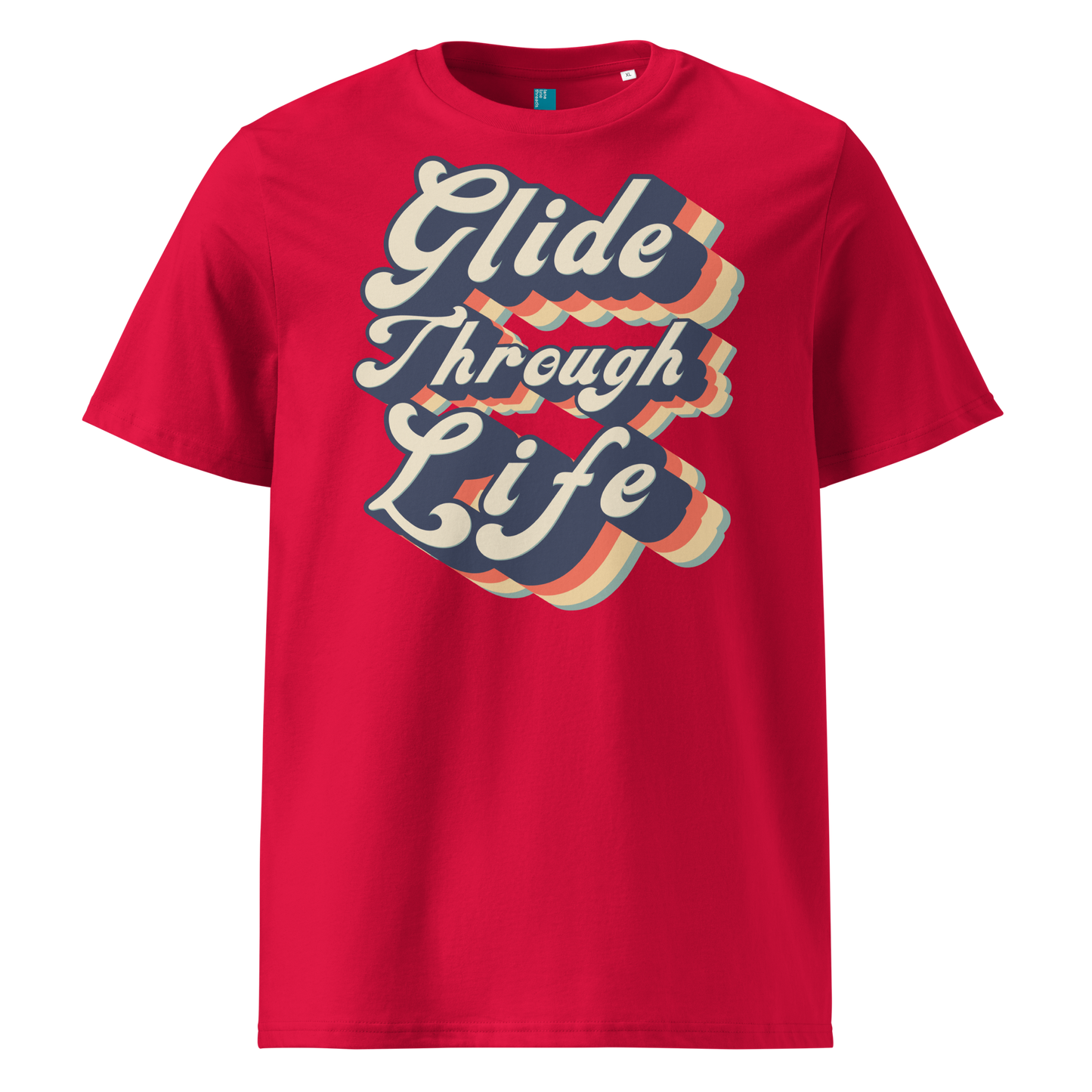 Red organic swim shirt with retro “Glide Through Life” text in bold navy, red, orange, and teal, made from 100% biodegradable organic cotton by Lane Line Threads.