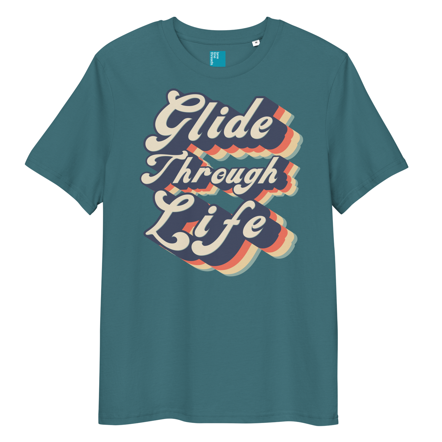 Blue organic cotton swim shirt with retro “Glide Through Life” text design, eco-friendly biodegradable t-shirt for swimmers
