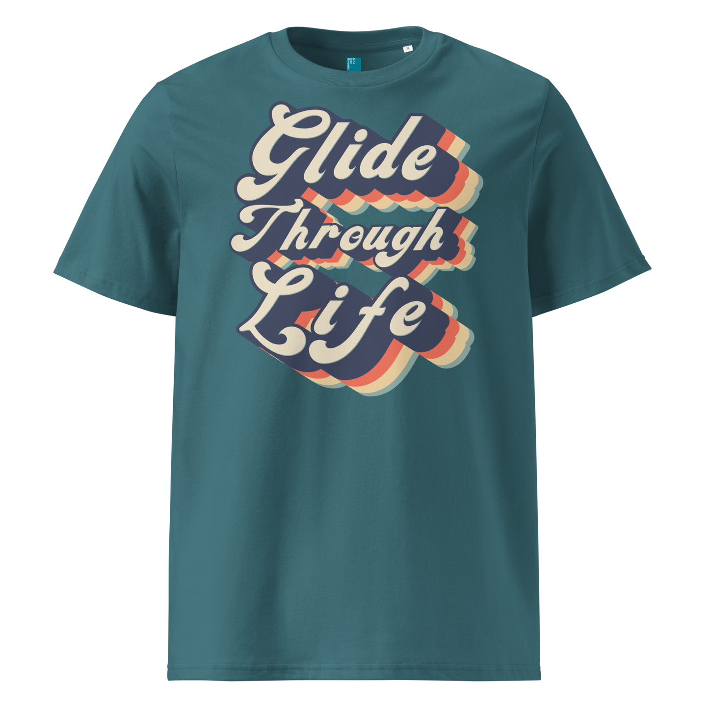 Teal organic swim shirt with retro “Glide Through Life” text in bold navy, red, orange, and teal, made from 100% biodegradable organic cotton by Lane Line Threads.