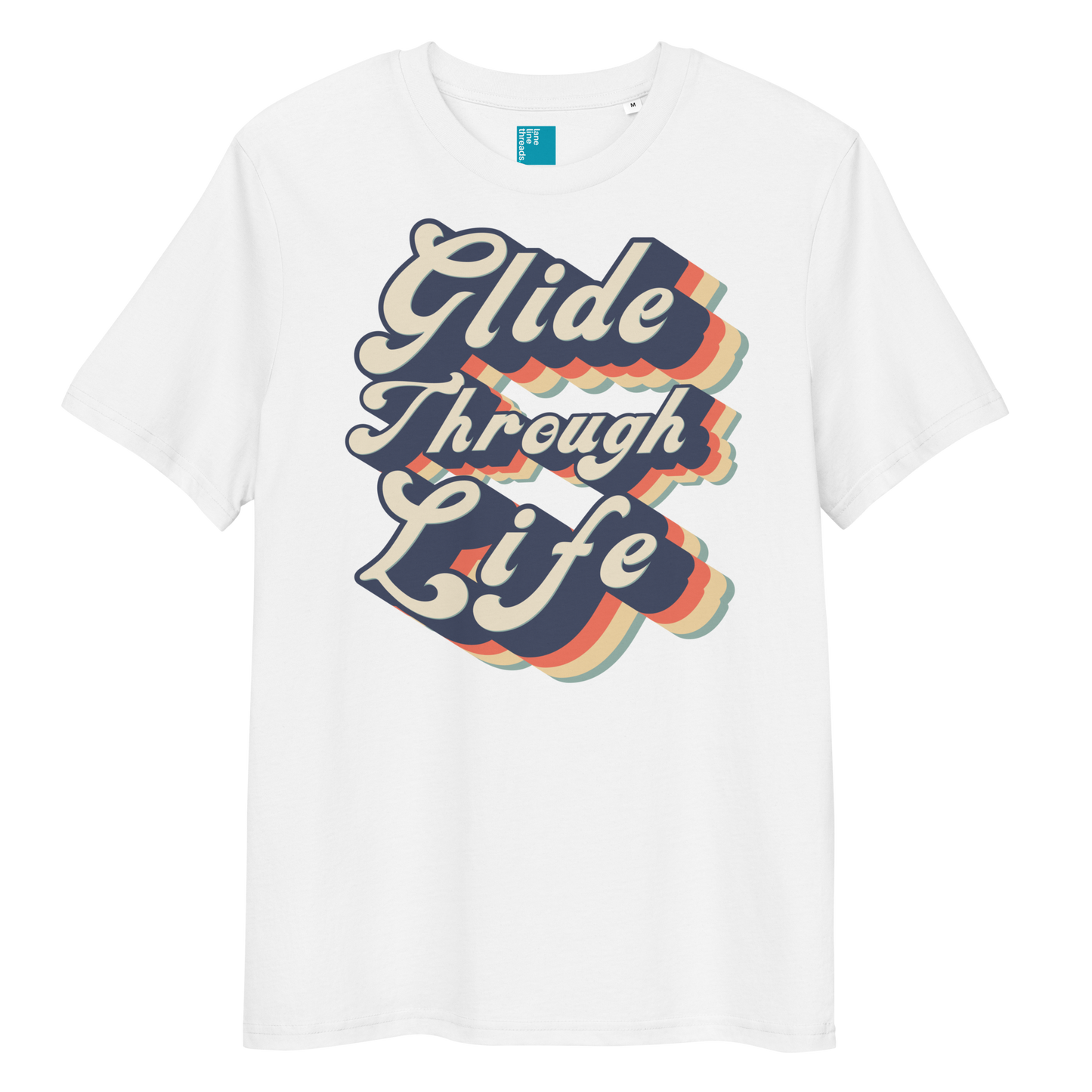White organic swim shirt with retro “Glide Through Life” text design, eco-friendly biodegradable t-shirt for swimmers