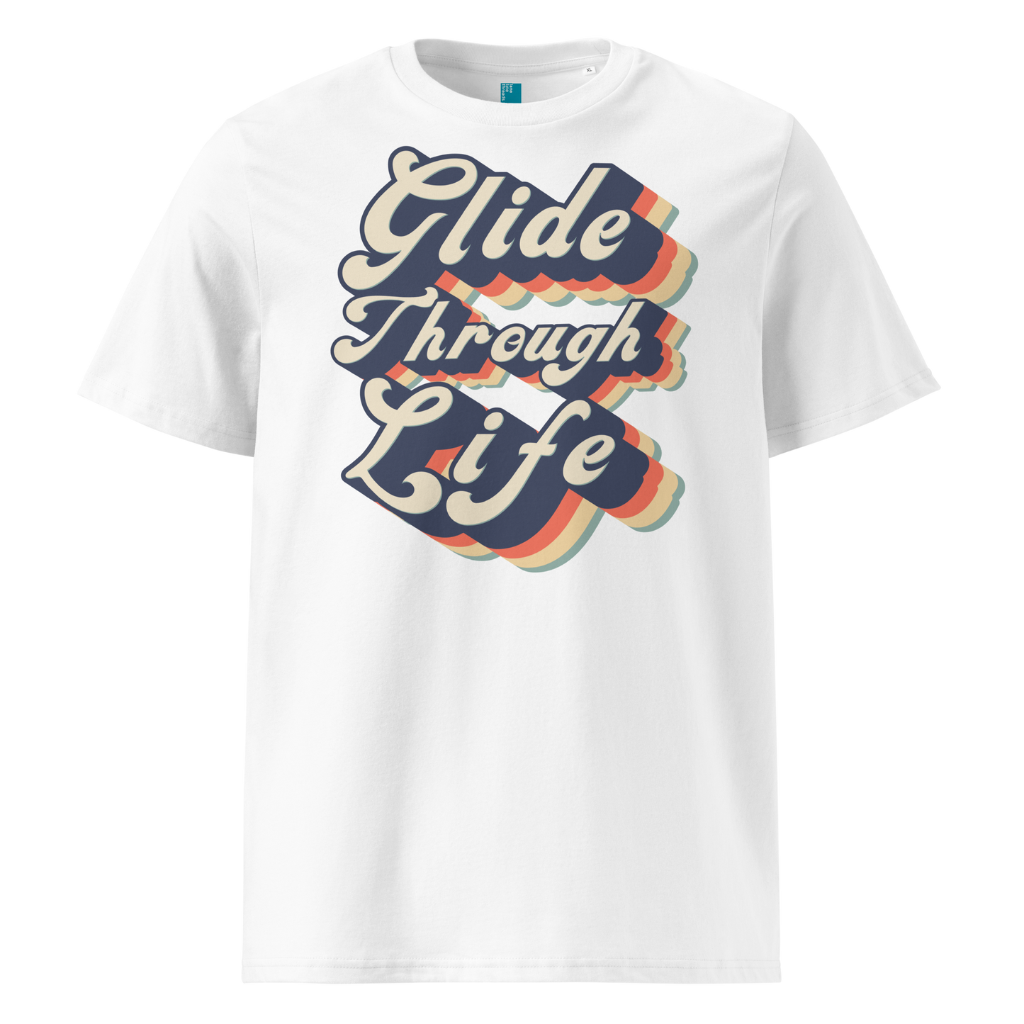 White organic swim shirt with retro “Glide Through Life” text in bold navy, red, orange, and teal, made from 100% biodegradable organic cotton by Lane Line Threads.
