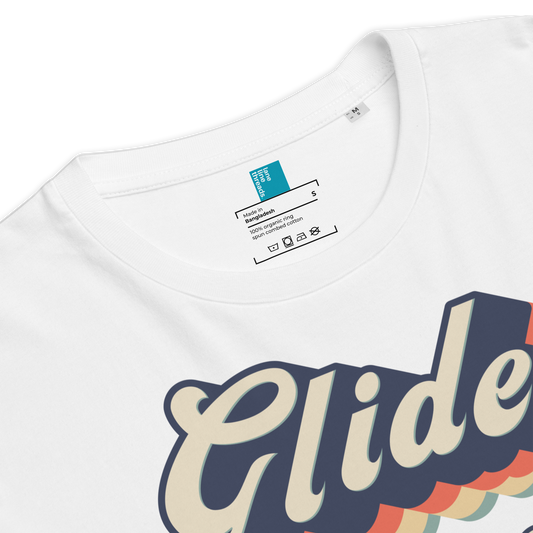 White organic swim shirt with 'Glide' graphic design on a white background
