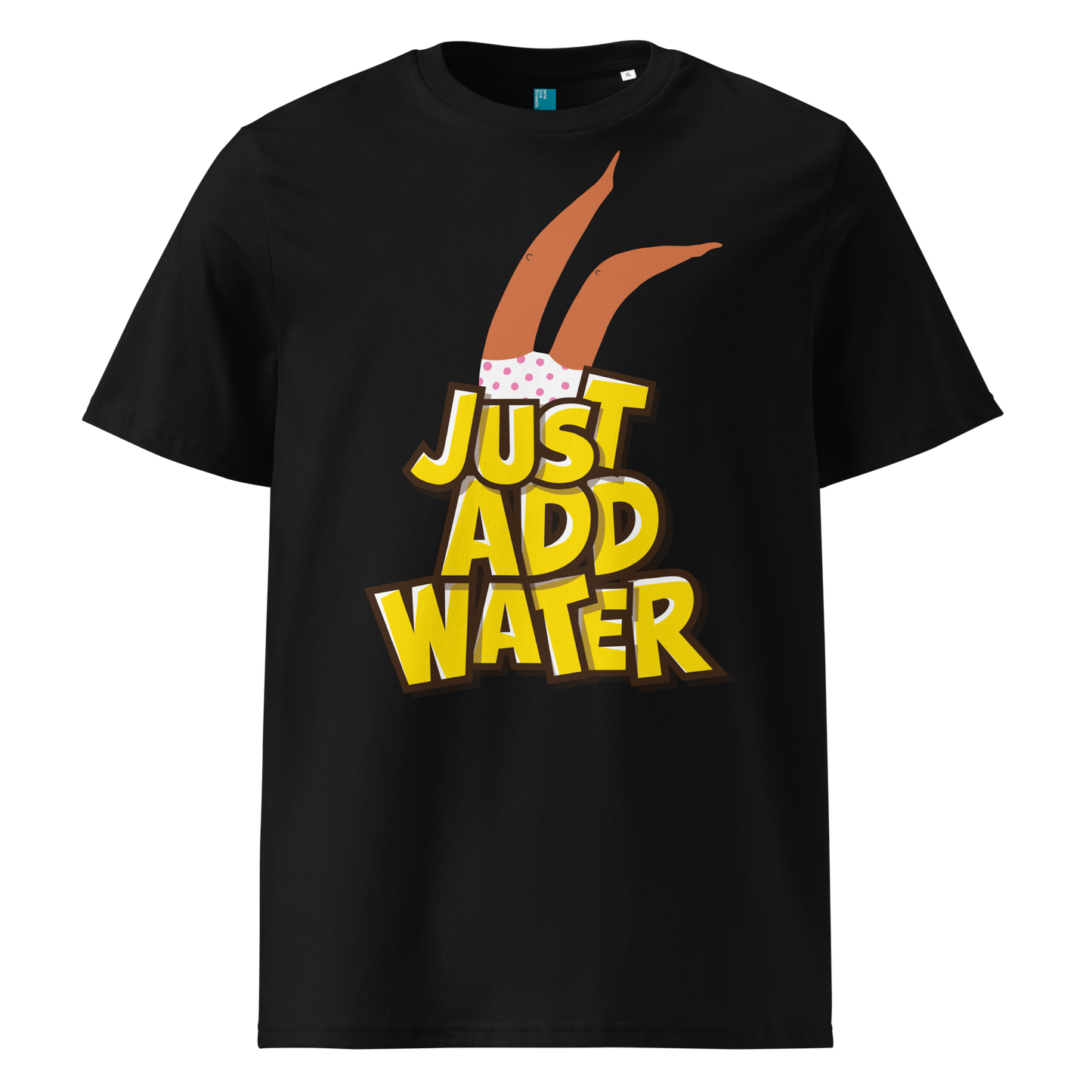 Black organic swim shirt with “JUST ADD WATER” text and playful upside-down dive graphic, made from 100% biodegradable cotton for eco-conscious swimmers by Lane Line Threads.