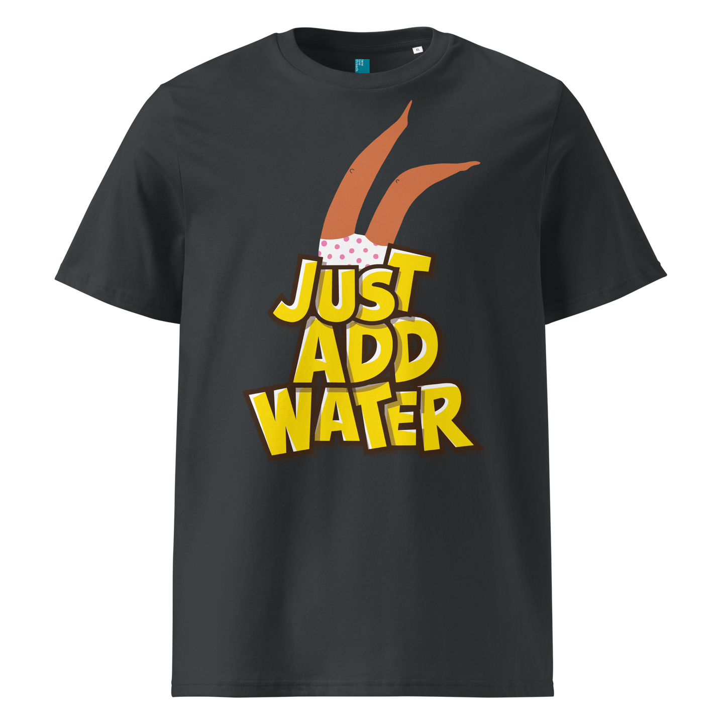 Grey organic swim shirt with “JUST ADD WATER” text and playful upside-down dive graphic, made from 100% biodegradable cotton for eco-conscious swimmers by Lane Line Threads.