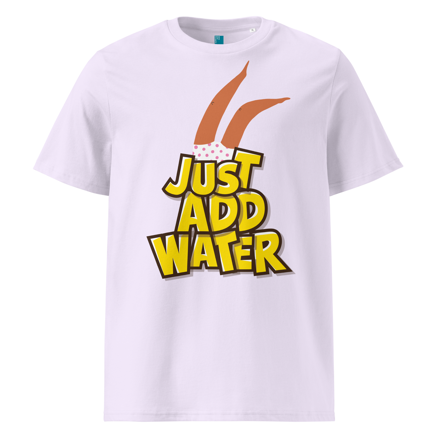 Lavender organic swim shirt with “JUST ADD WATER” text and playful upside-down dive graphic, made from 100% biodegradable cotton for eco-conscious swimmers by Lane Line Threads.