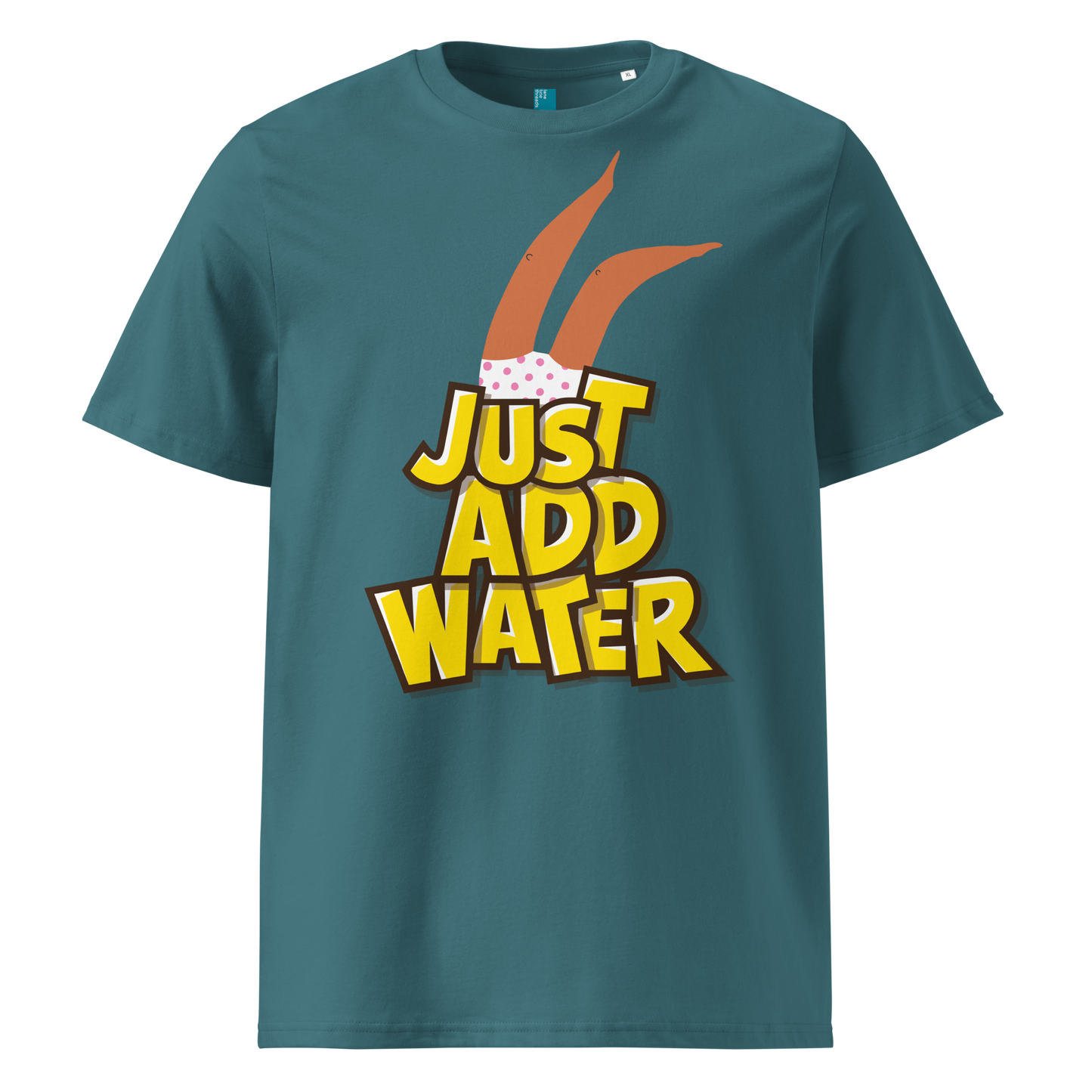 Teal organic swim shirt with “JUST ADD WATER” text and playful upside-down dive graphic, made from 100% biodegradable cotton for eco-conscious swimmers by Lane Line Threads.