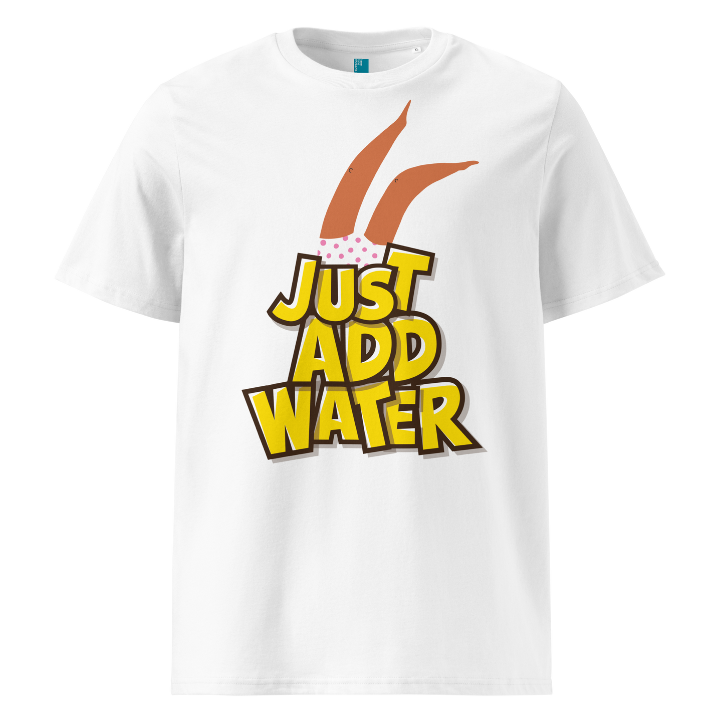 White organic swim shirt with “JUST ADD WATER” text and playful upside-down dive graphic, made from 100% biodegradable cotton for eco-conscious swimmers by Lane Line Threads.