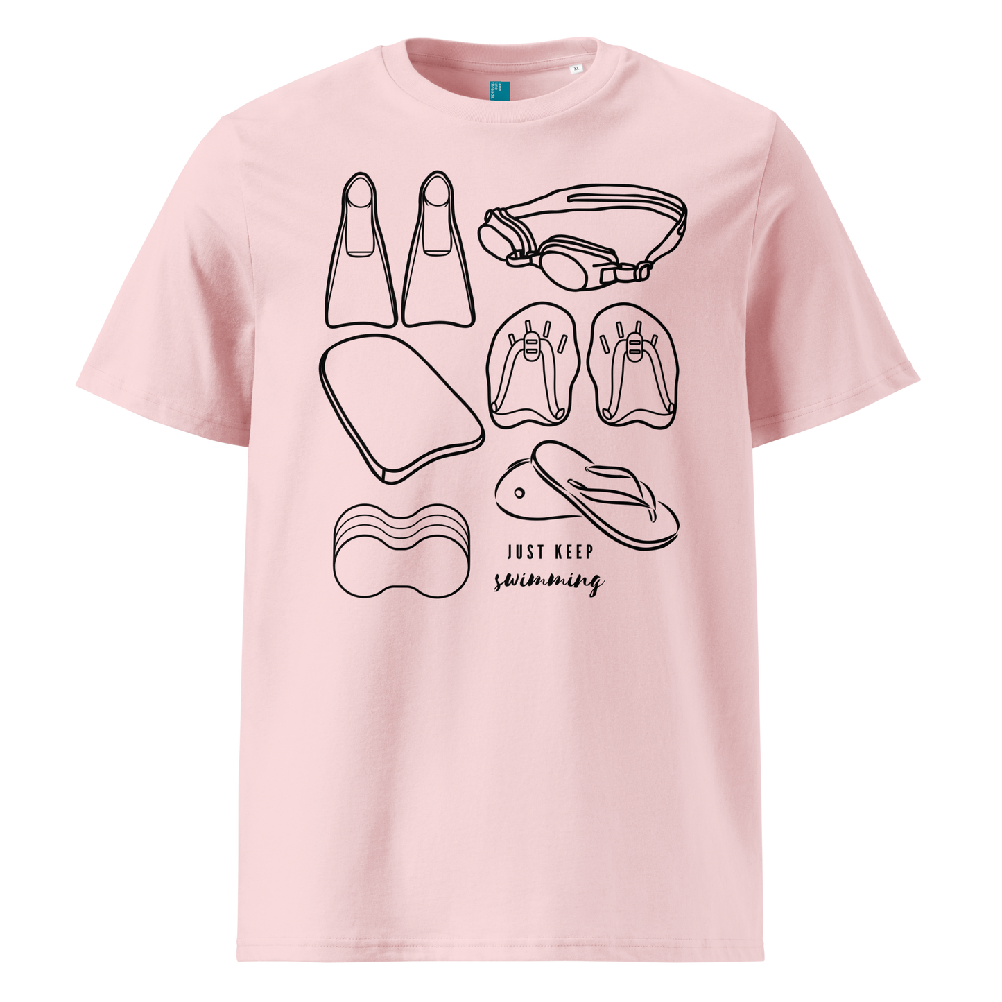Pink organic swim shirt with line art of swimming gear and “Just Keep Swimming” text – eco-friendly t-shirt for swimmers by Lane Line Threads.