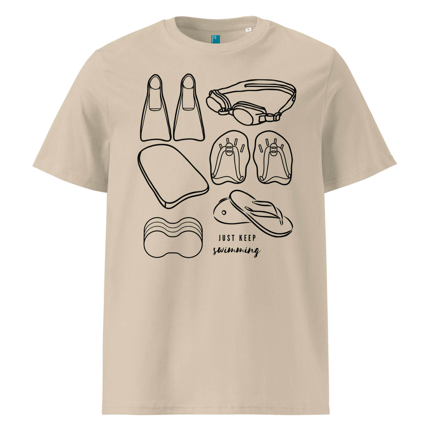 Beige organic swim shirt with line art of swimming gear and “Just Keep Swimming” text – eco-friendly t-shirt for swimmers by Lane Line Threads.