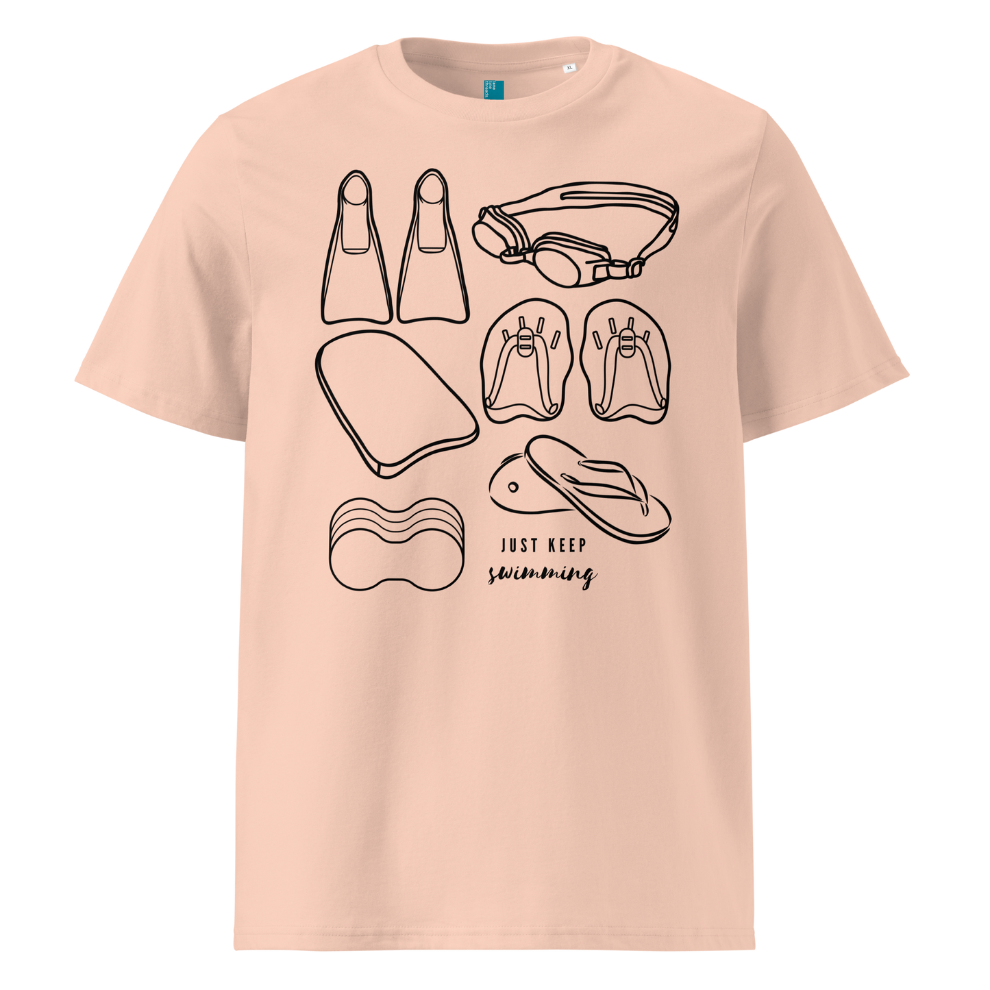 Peach organic swim shirt with line art of swimming gear and “Just Keep Swimming” text – eco-friendly t-shirt for swimmers by Lane Line Threads.