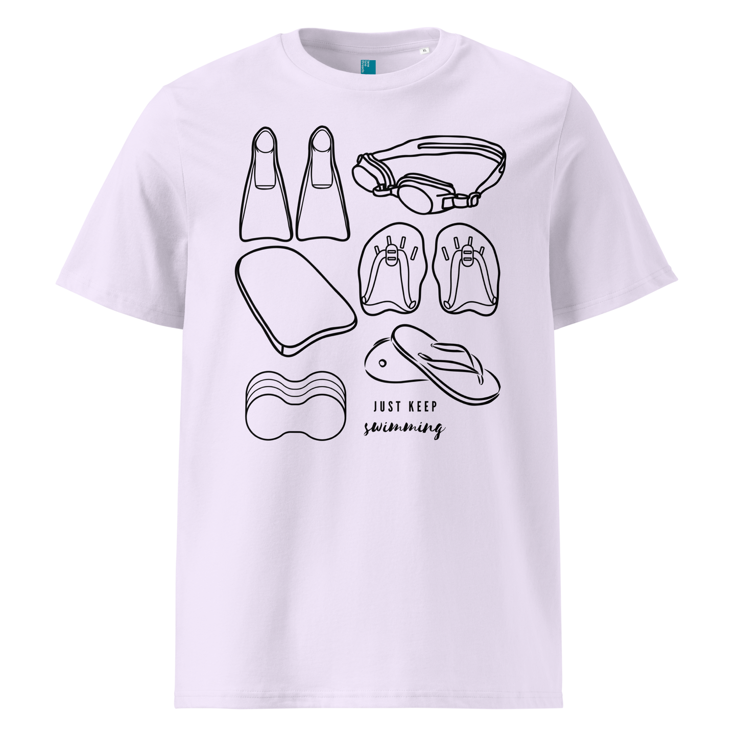 Lavender organic swim shirt with line art of swimming gear and “Just Keep Swimming” text – eco-friendly t-shirt for swimmers by Lane Line Threads.