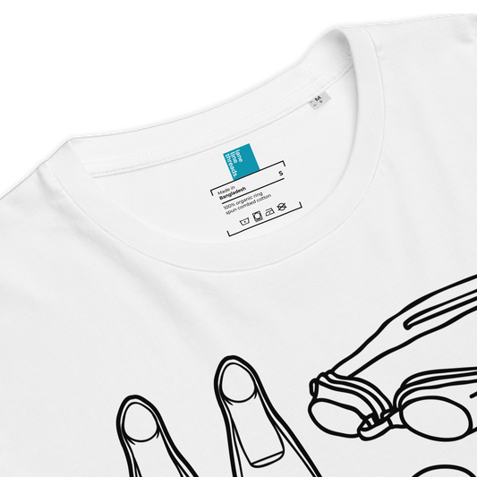 White organic swim shirt with black line art design of a hand and goggles, close-up view.