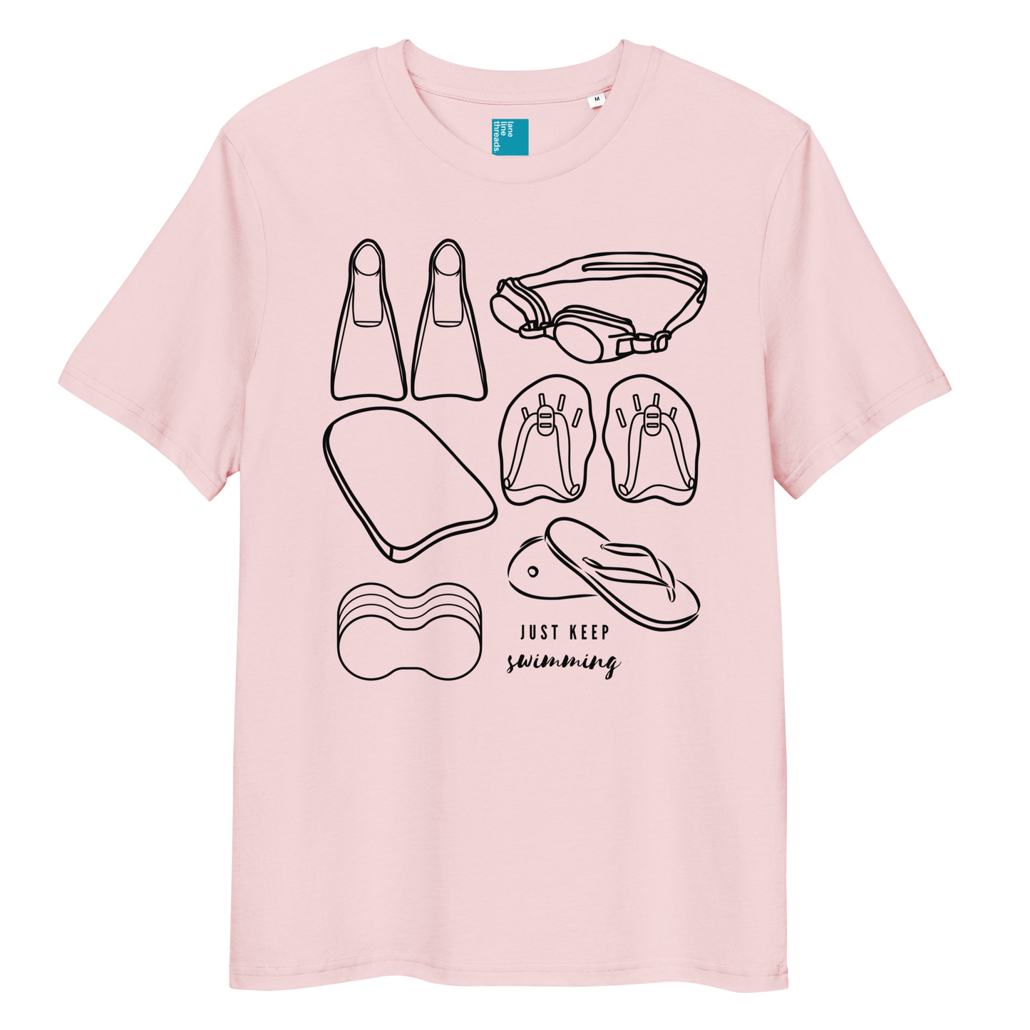 Organic swim shirt with black minimalist line-art of swim gear including fins, goggles, paddles, kickboard, pull buoy, and flip-flops, with the phrase “Just Keep Swimming” printed on a pink eco-friendly t-shirt made from 100% organic biodegradable cotton.