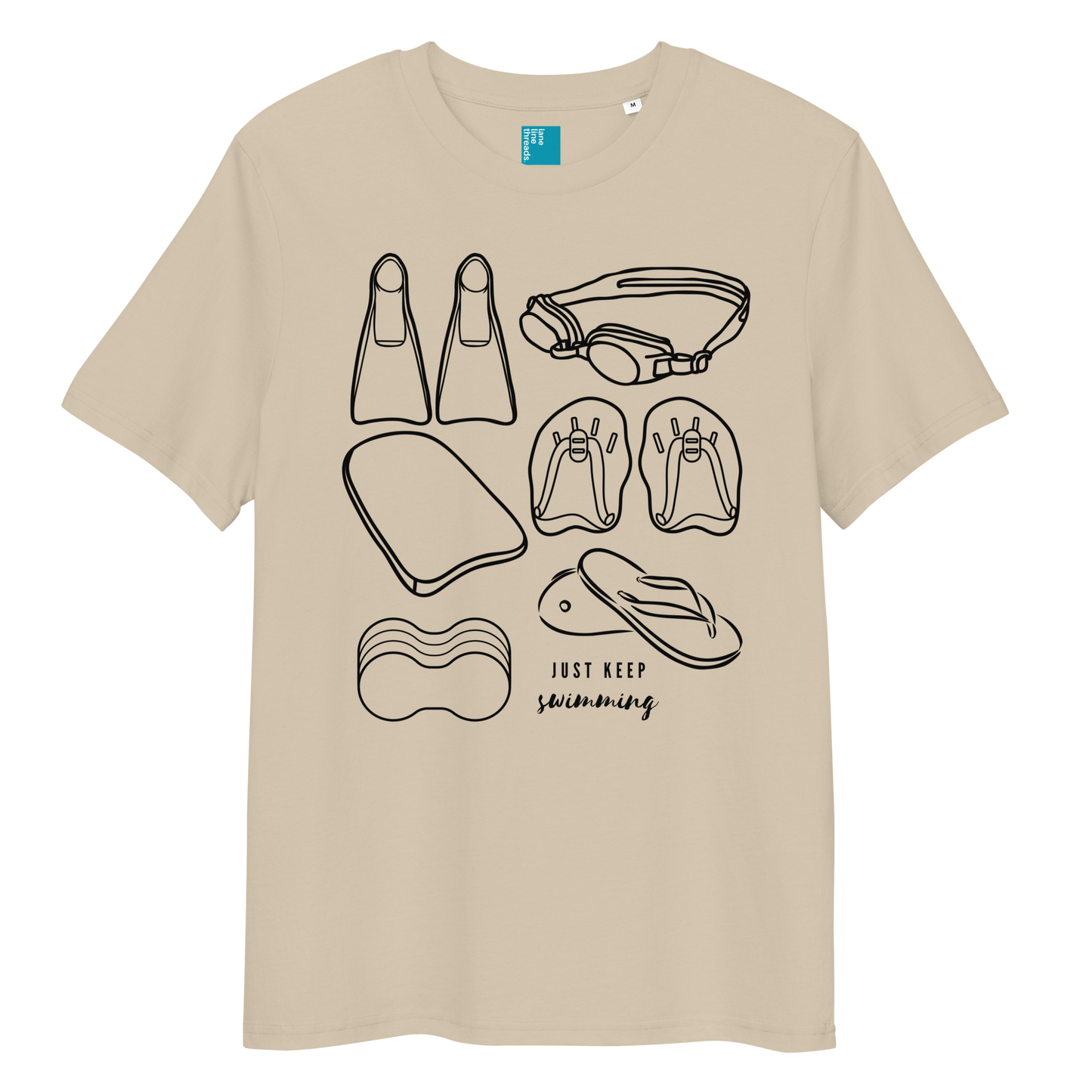 Organic swim shirt with black minimalist line-art of swim gear including fins, goggles, paddles, kickboard, pull buoy, and flip-flops, with the phrase “Just Keep Swimming” printed on a beige eco-friendly t-shirt made from 100% organic biodegradable cotton.
