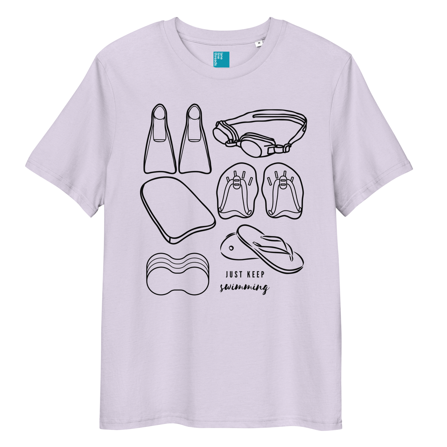Organic swim shirt with black minimalist line-art of swim gear including fins, goggles, paddles, kickboard, pull buoy, and flip-flops, with the phrase “Just Keep Swimming” printed on a lavender eco-friendly t-shirt made from 100% organic biodegradable cotton.