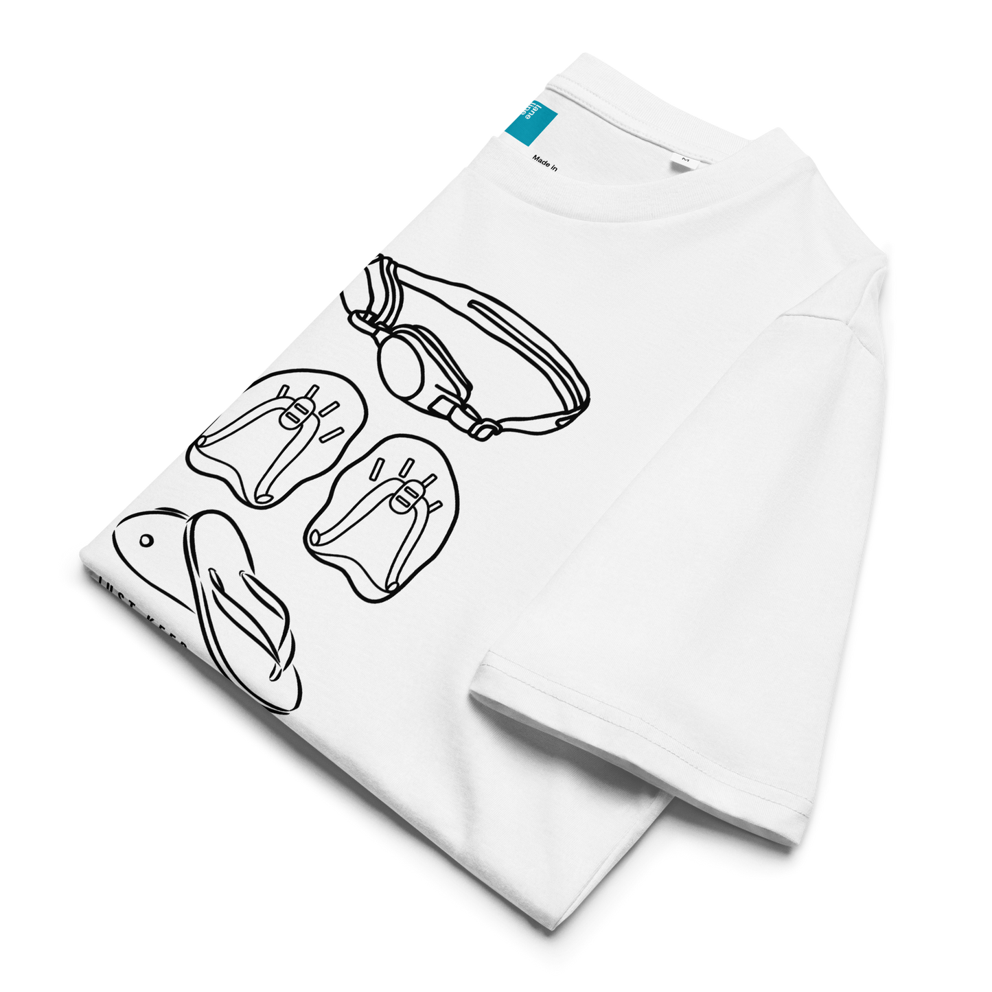 Folded white organic swim shirt with black line art of a fins and goggles on a white background