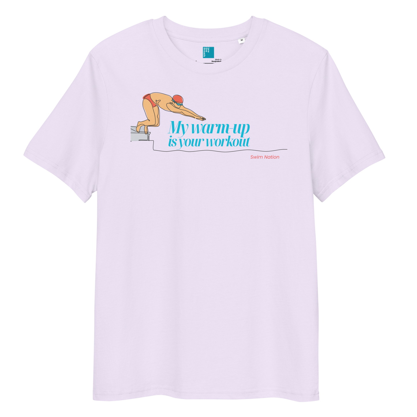 Lavender post swim organic shirt with swimmer graphic and text on a white background