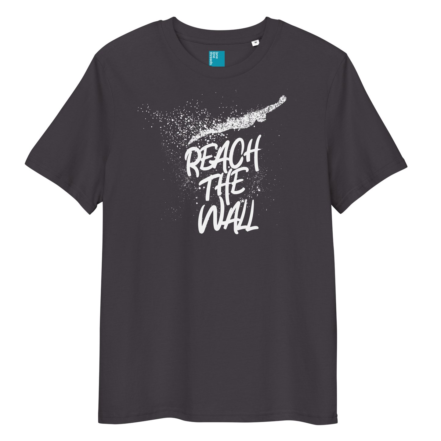Anthracite organic swim shirt with bold white text “Reach the Wall” and swimmer graphic, eco-friendly shirt for swimmers and swim parents