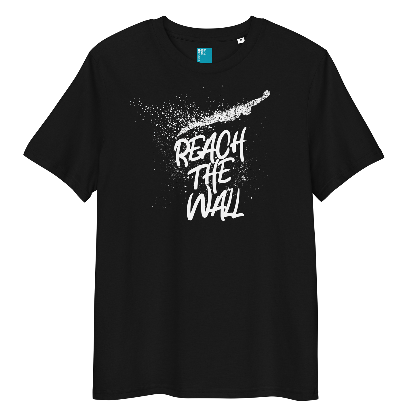 Black organic swim shirt with bold white text “Reach the Wall” and swimmer graphic, eco-friendly shirt for swimmers and swim parents
