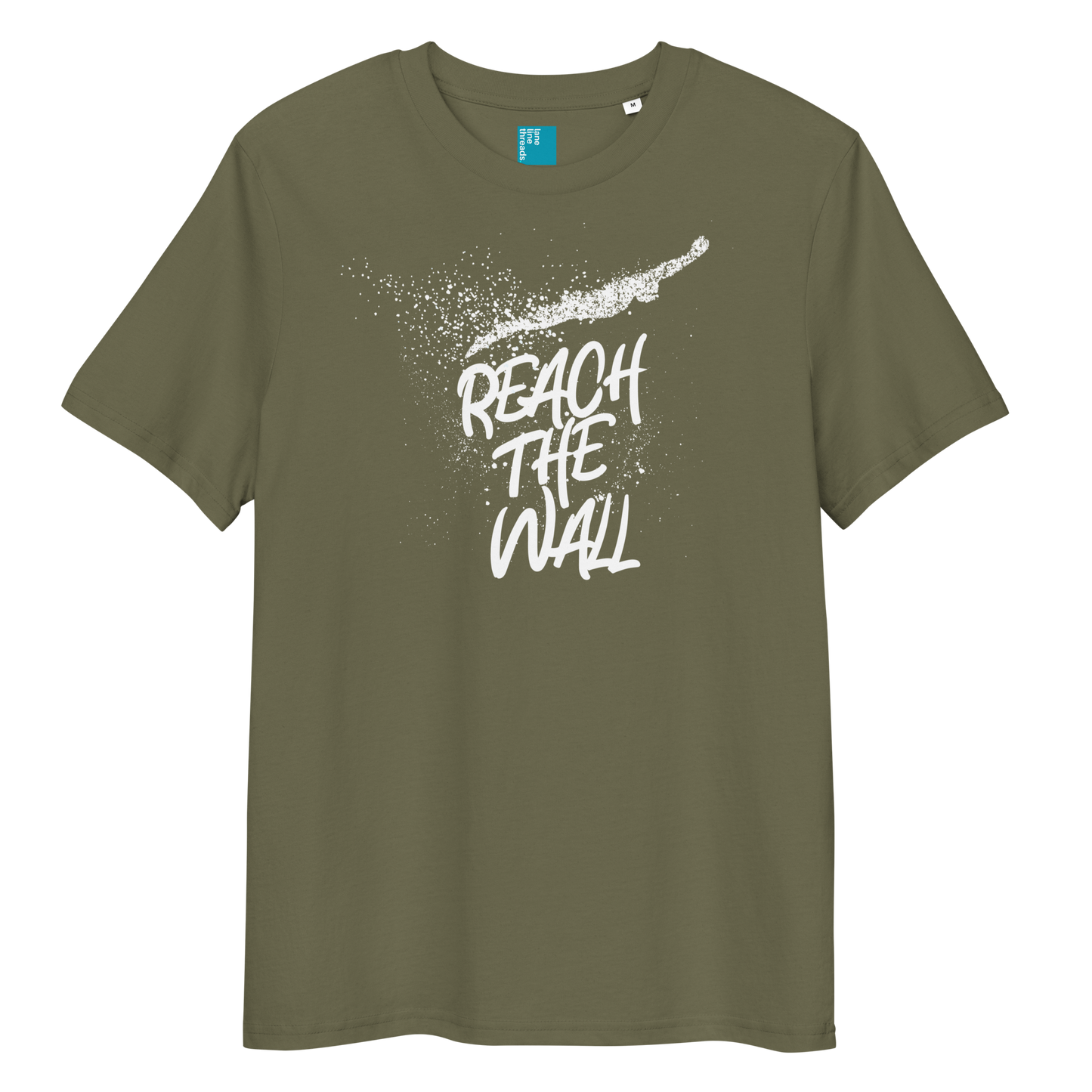Olive organic swim shirt with bold white text “Reach the Wall” and swimmer graphic, eco-friendly shirt for swimmers and swim parents