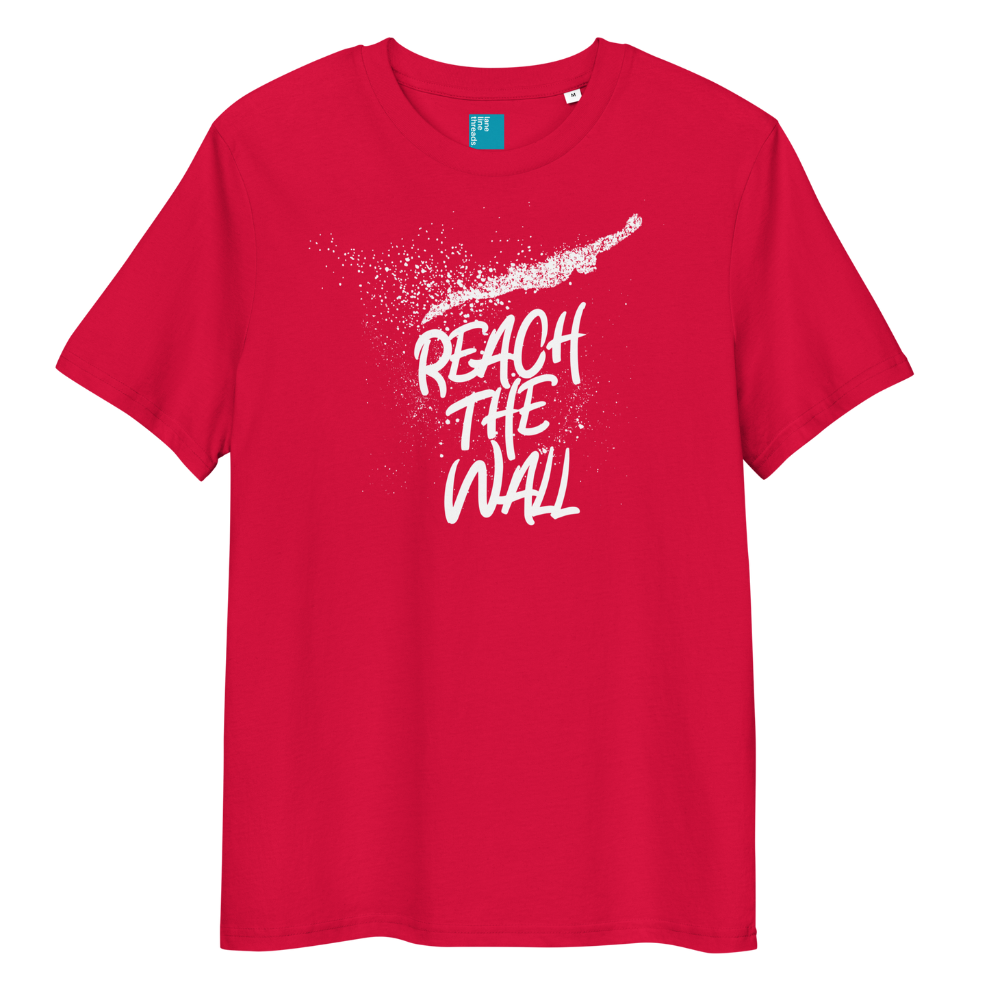 Red organic swim shirt with bold white text “Reach the Wall” and swimmer graphic, eco-friendly shirt for swimmers and swim parents