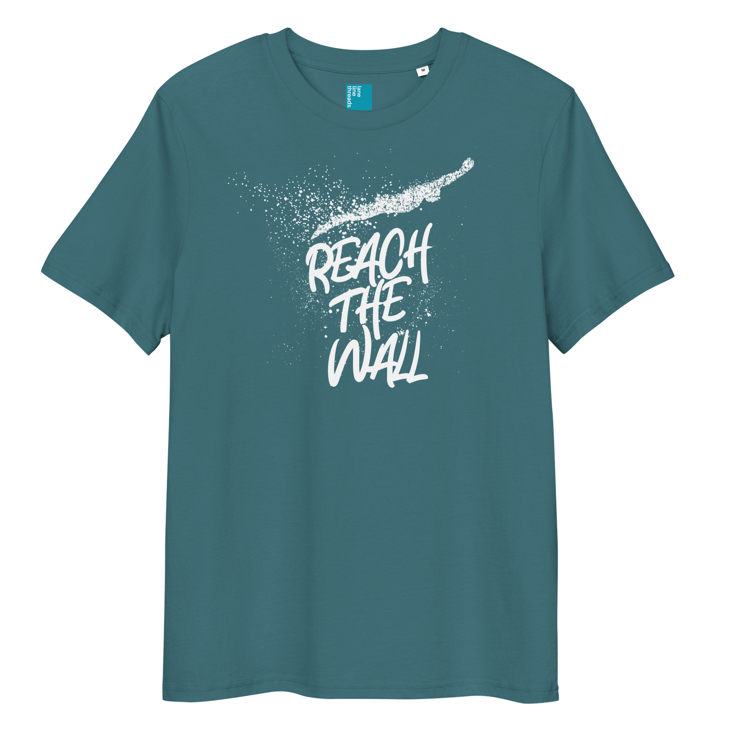 Teal organic swim shirt with bold white text “Reach the Wall” and swimmer graphic, eco-friendly shirt for swimmers and swim parents