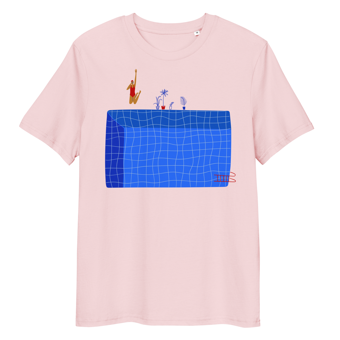 Pink organic swim shirt with illustrated blue pool and female swimmer graphic, eco-friendly and sustainable shirt for swimmer girls and swim parents