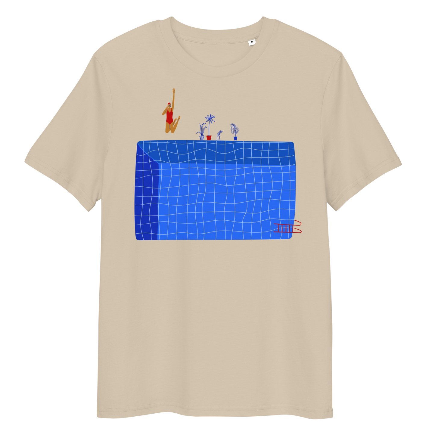 Beige organic swim shirt with illustrated blue pool and female swimmer graphic, eco-friendly and sustainable shirt for swimmer girls and swim parents