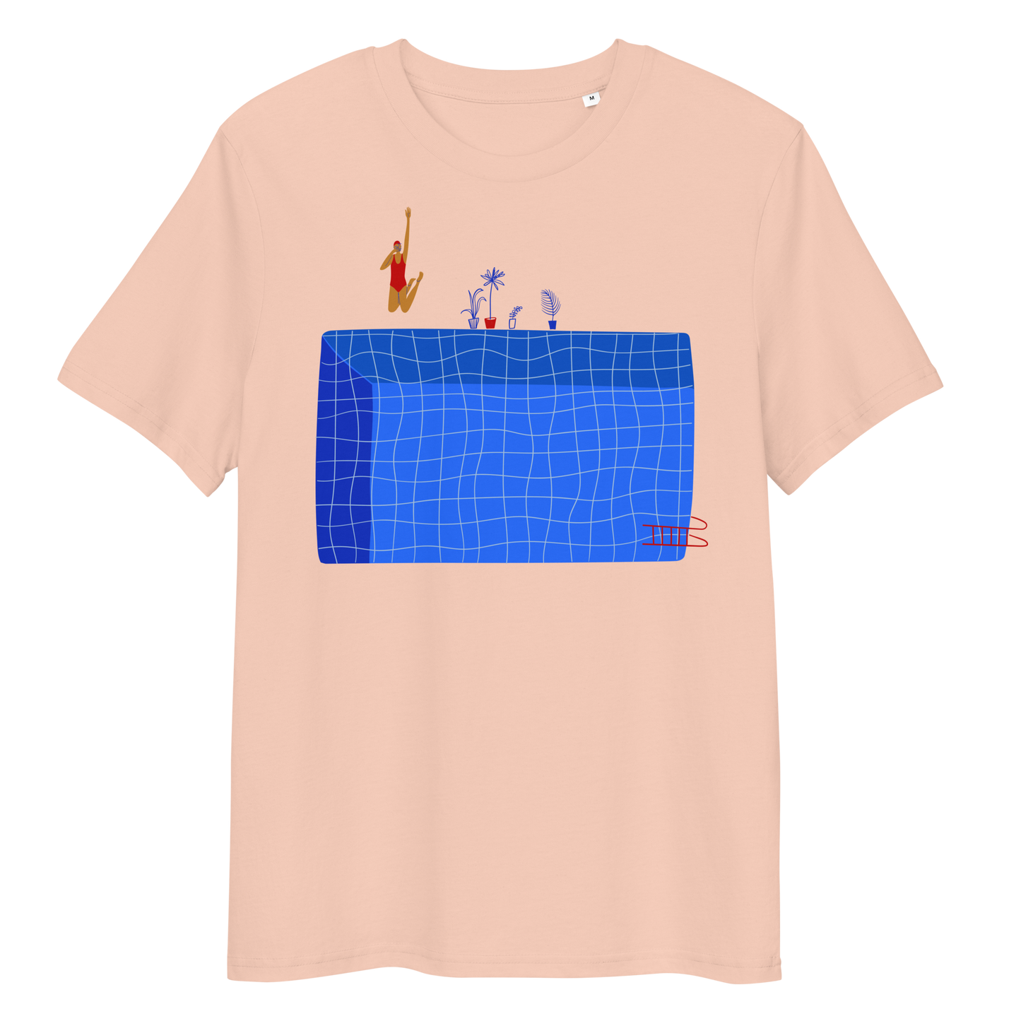 Peach organic swim shirt with illustrated blue pool and female swimmer graphic, eco-friendly and sustainable shirt for swimmer girls and swim parents